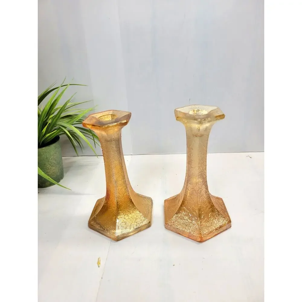 Jeannette Marigold Carnival Glass Candlesticks Vintage 1930s Candle Holder Pair